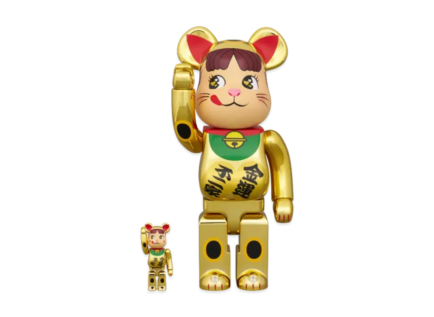 100% & 400% Bearbrick - Lucky Cat Peko-Chan (Double oval coin Gold plated)-Medicom Toy-Bearbrick
