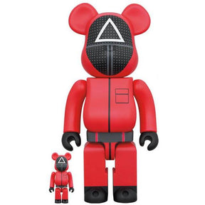 Bearbrick set featuring Squid Game Triangle Guard figures, 400% and 100% sizes.