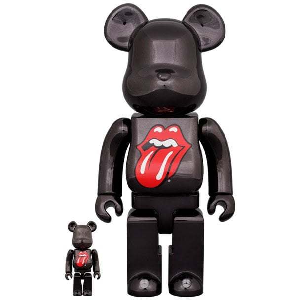 400% & 100% Bearbrick sæt - The Rolling Stones (Hot Lips logo - Black Chrome), 