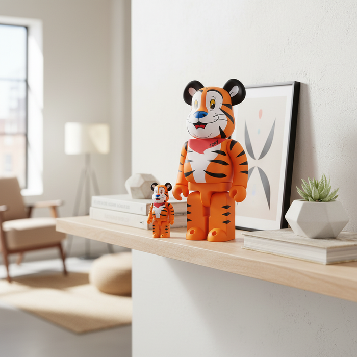 400 % & 100 % Bearbrick-sett - Tony The Tiger Flocky (Kelloggs) 400 % & 100 % Bearbrick-sett - Tony The Tiger Flocky (Kelloggs)