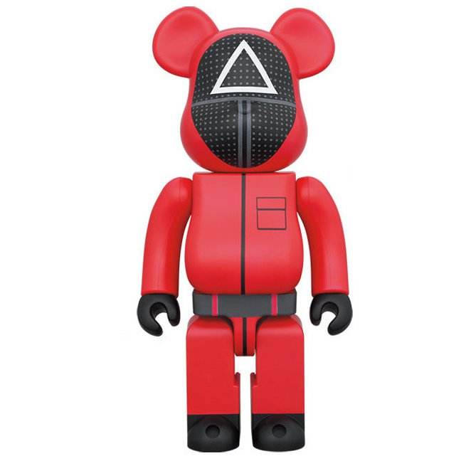 1000% Bearbrick Squid Game Triangle Guard figure in red and black design.